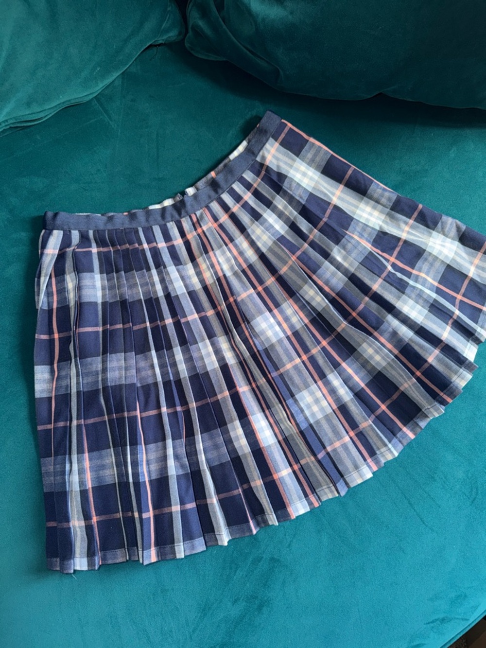 silence + noise Navy Plaid Pleated Mini Skirt with Pink Accents